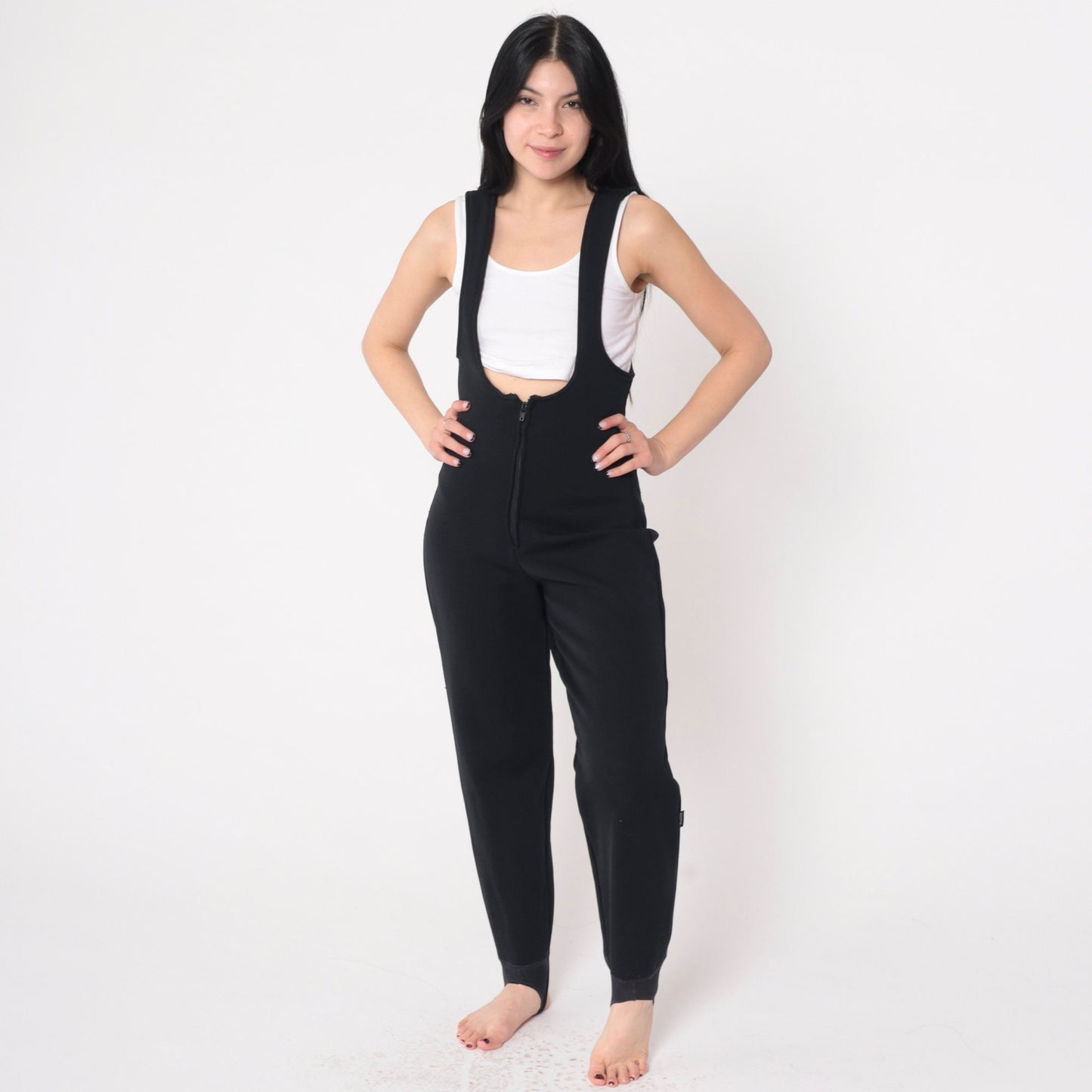80s Roffe Black Ski Pants Stirrup Suspender Snow Suit Extra Small XS