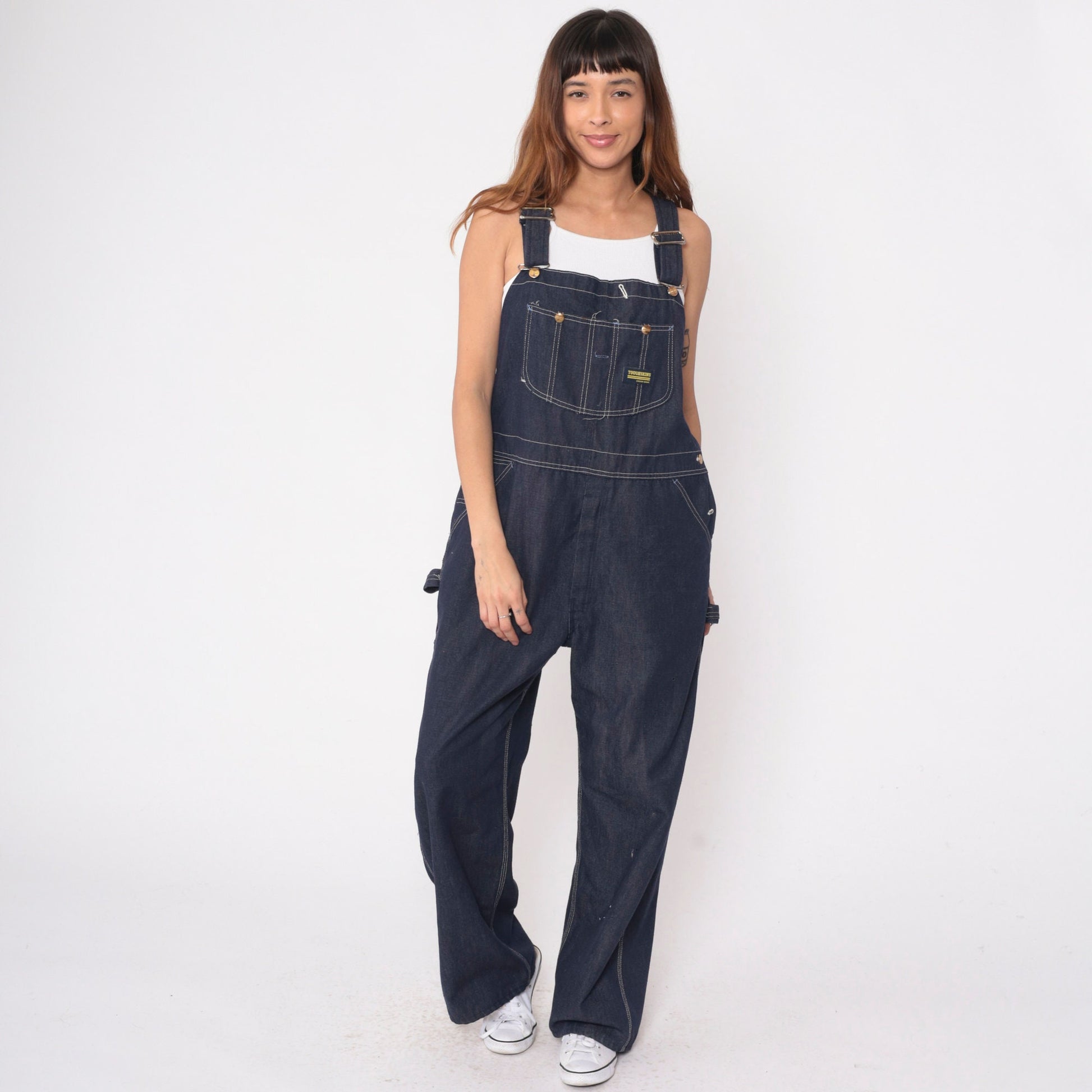 70s Toughskins Dark Blue Denim Bib Overalls Straight Leg Men's 40x30
