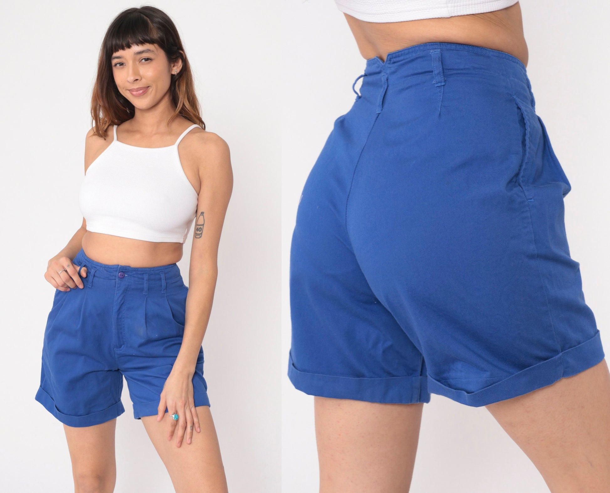 90s High Waisted Pleated Shorts Royal Blue Cotton Small