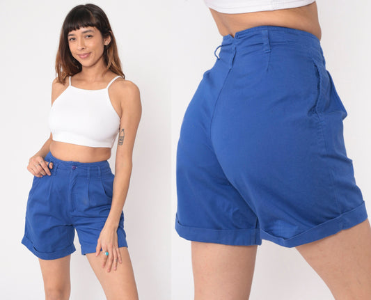 90s High Waisted Pleated Shorts Royal Blue Cotton Small