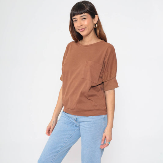 80s Brown Dolman Sleeve Pocket Tee Slouchy Crewneck Large L