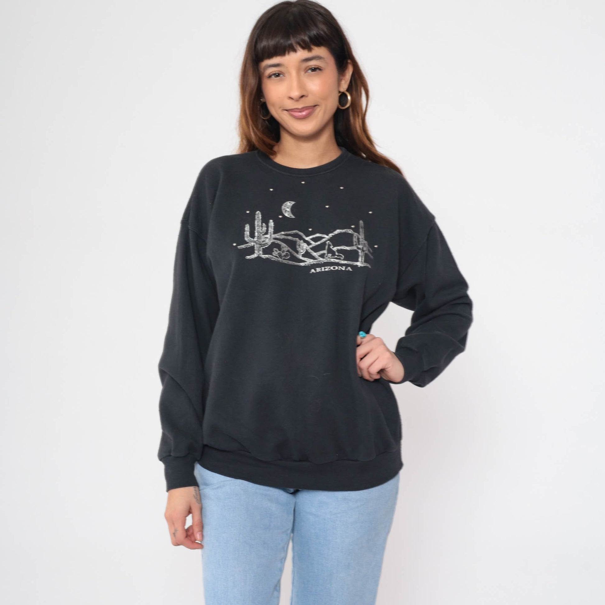 90s Arizona Coyote Desert Sweatshirt Black Beaded Graphic Crewneck Large L