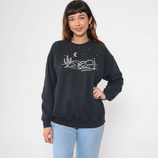 90s Arizona Coyote Desert Sweatshirt Black Beaded Graphic Crewneck Large L