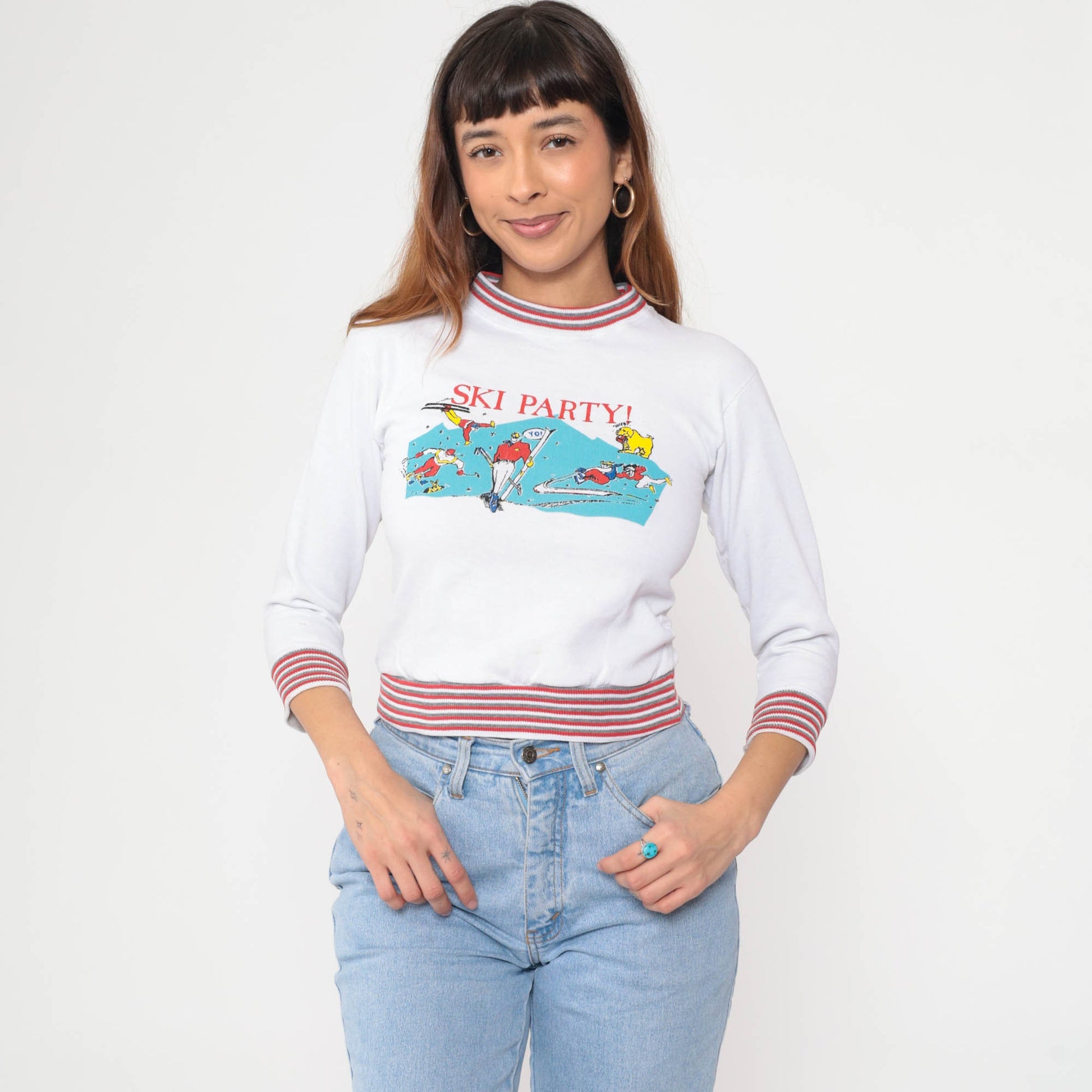 90s Ski Party Cartoon Ringer Sweatshirt Cropped White XXS