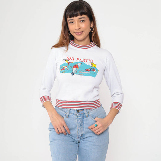90s Ski Party Cartoon Ringer Sweatshirt Cropped White XXS