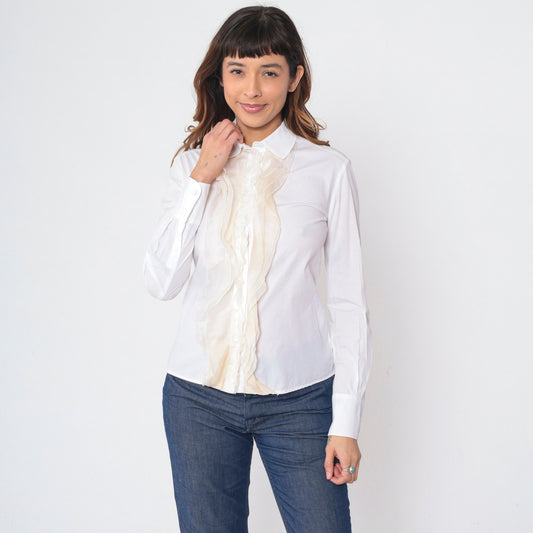 80s Valentino White Ruffled Tuxedo Blouse Long Sleeve Button Up Extra Small