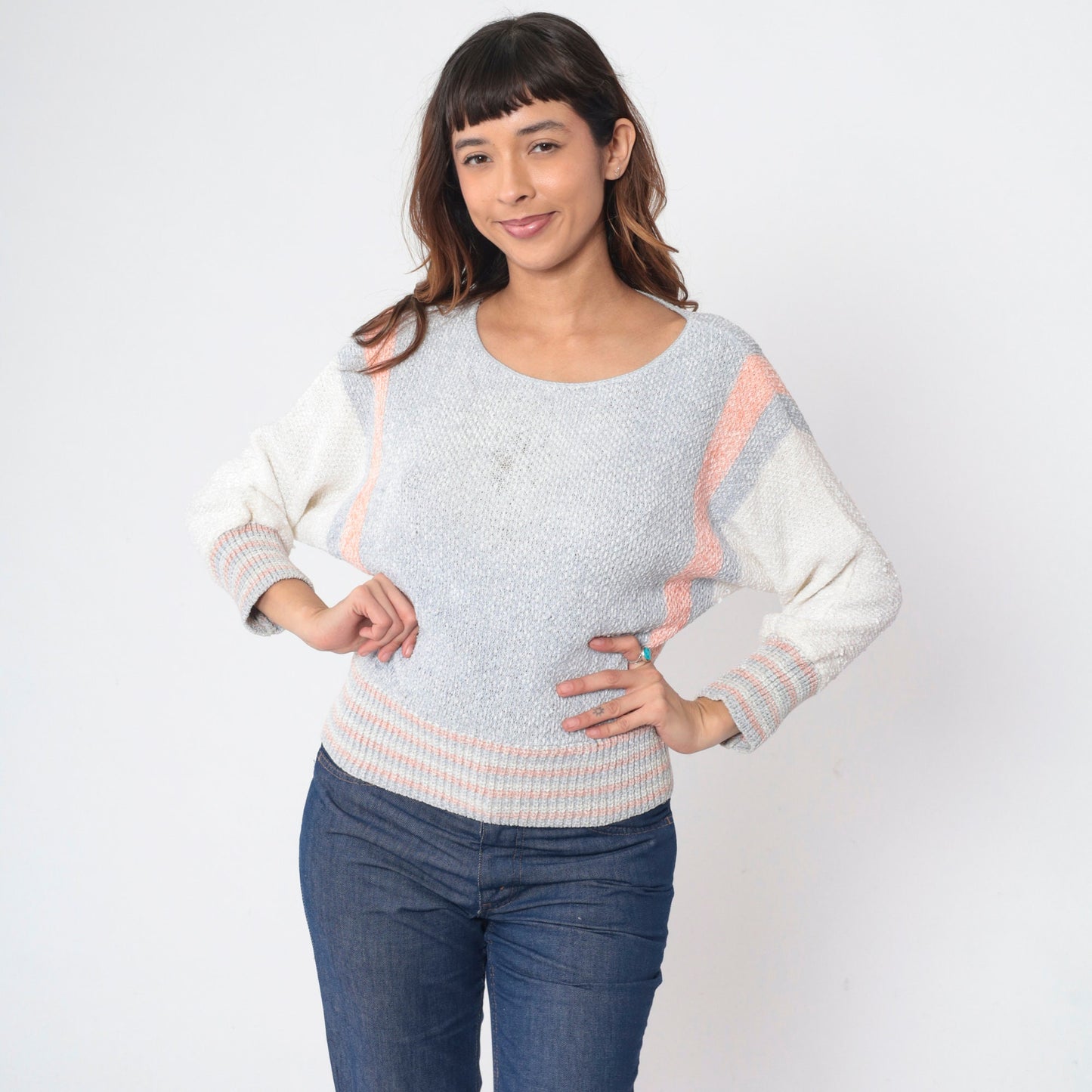70s Dolman Sleeve Knit Sweater Grey Orange White Striped Colorblock Small