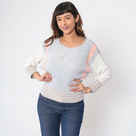 70s Dolman Sleeve Knit Sweater Grey Orange White Striped Colorblock Small