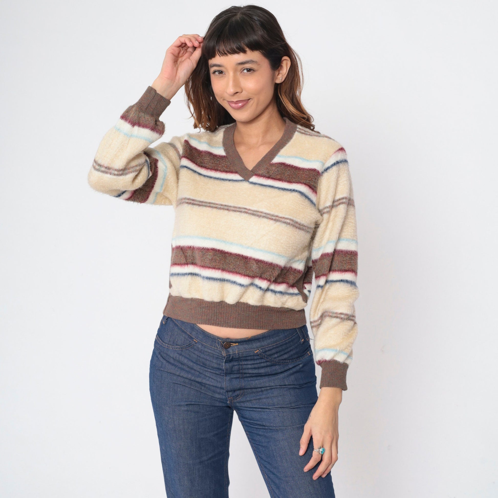 70s Striped Fleece V-Neck Sweatshirt Brown Cream Red Blue Large L