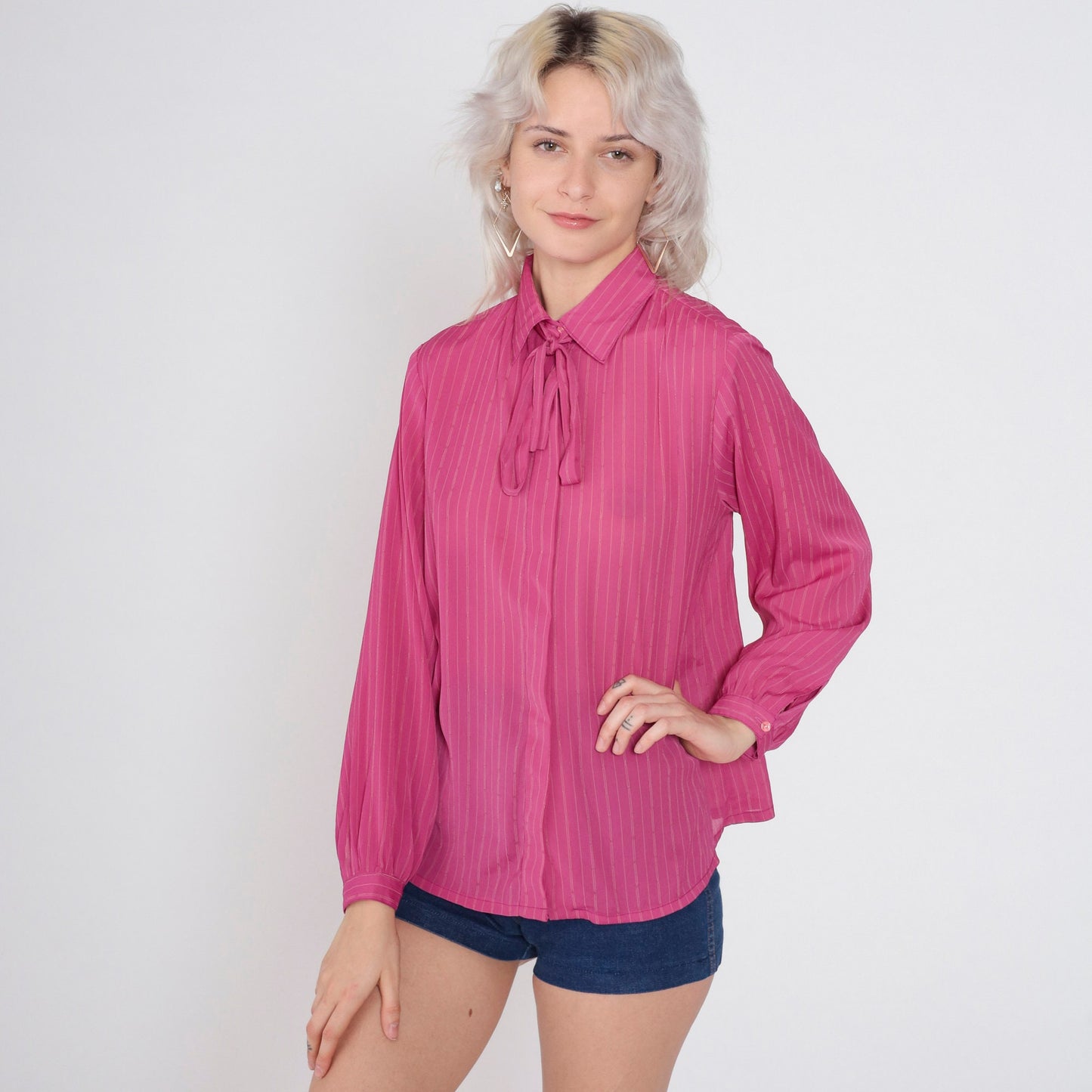 70s Deep Pink Striped Ascot Blouse Button-Up Long Sleeve Medium