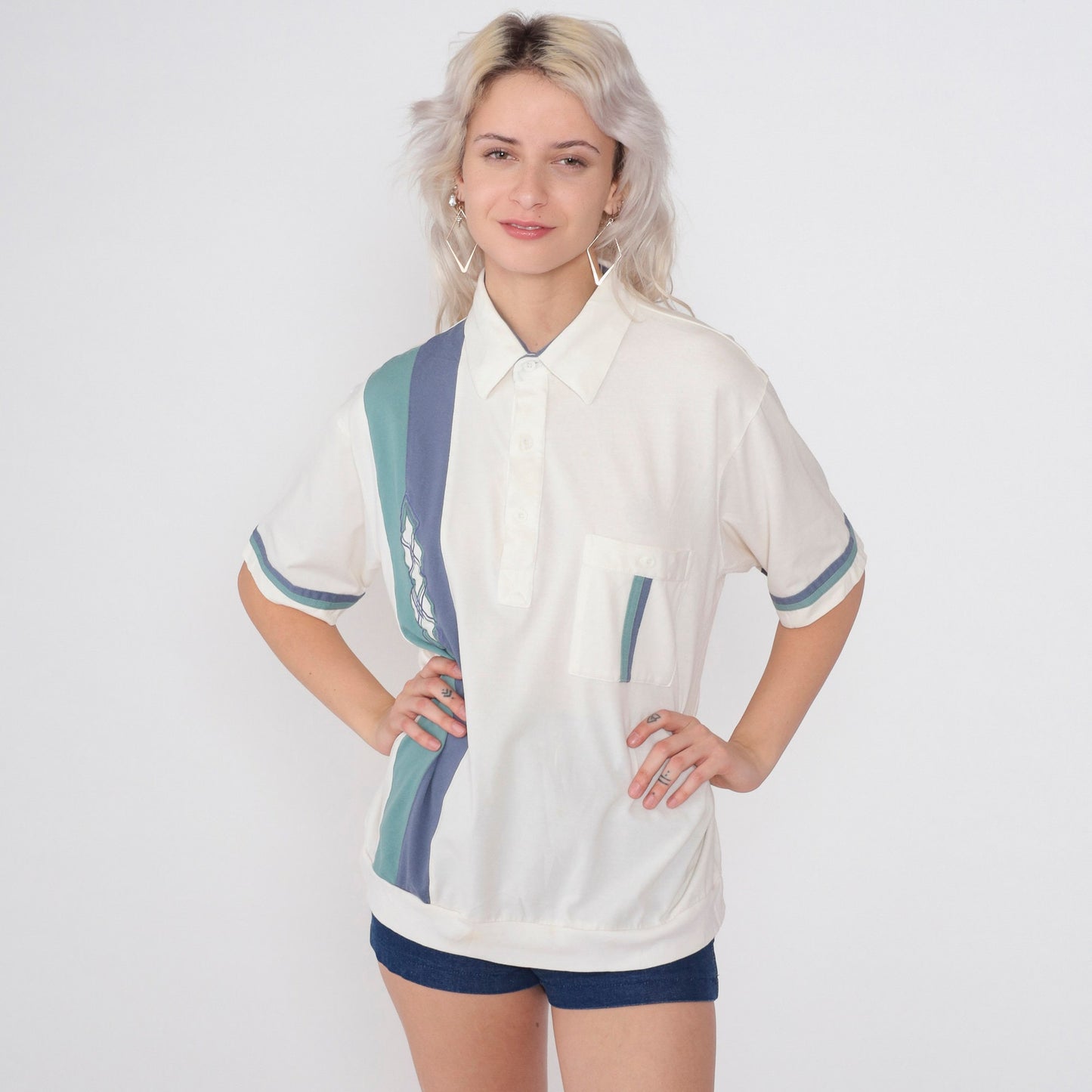 90s Haband Polo Shirt White Striped Embroidered Diamond Blue Green Men's Large
