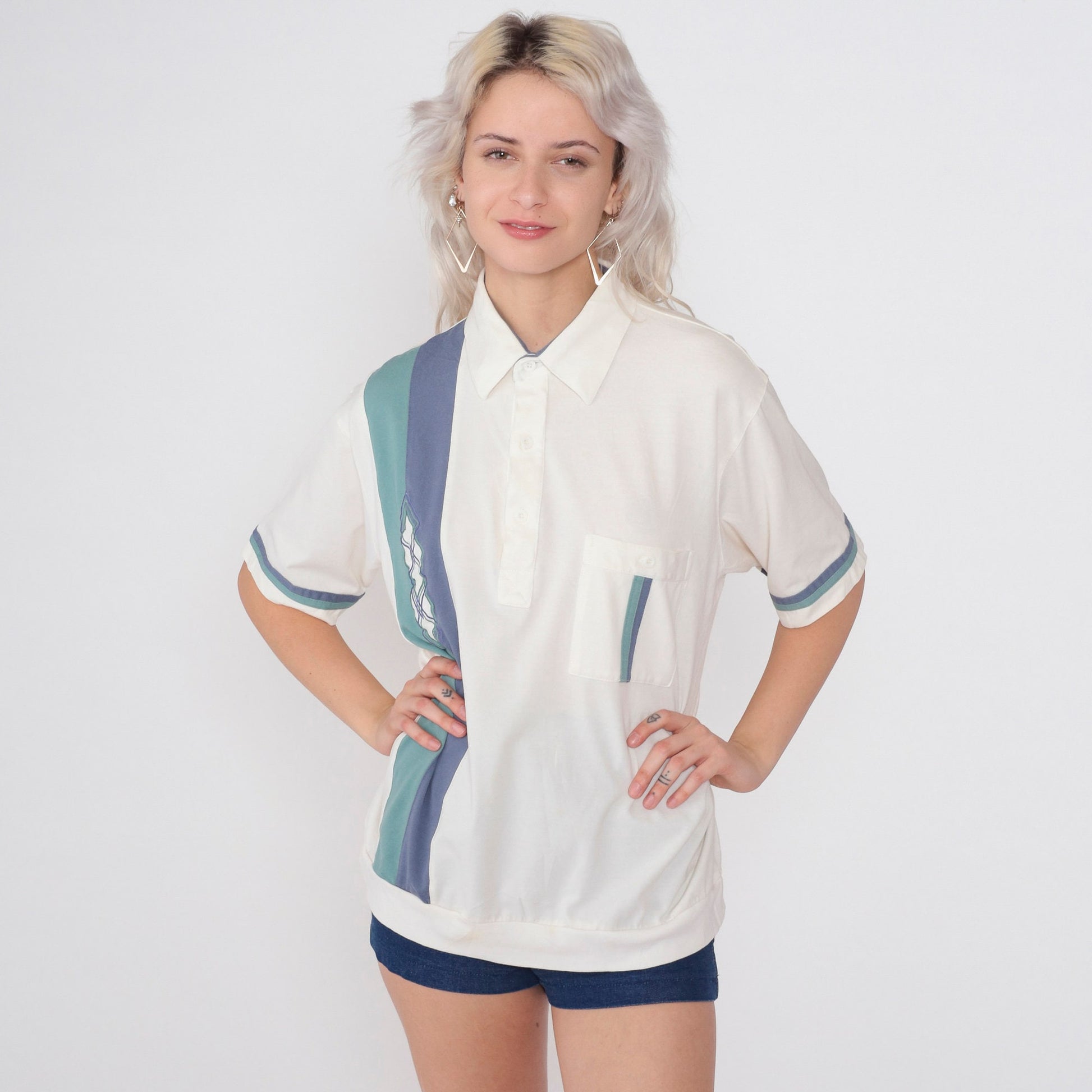 90s Haband Polo Shirt White Striped Embroidered Diamond Blue Green Men's Large