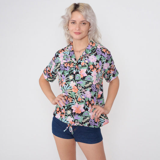 70s Black Floral Collared Blouse V Neck Drawstring Waist Short Sleeve Medium