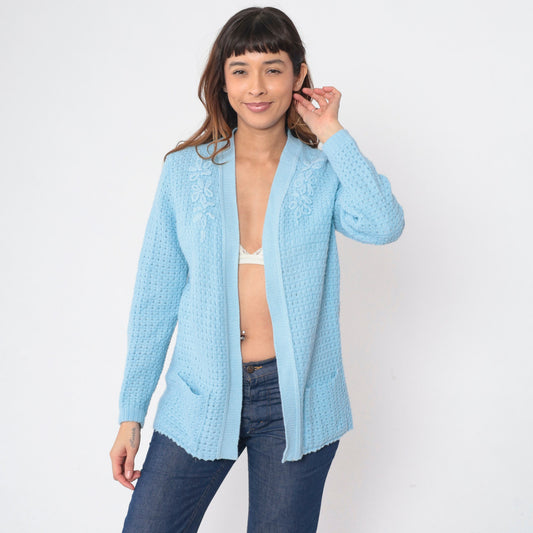 70s Baby Blue Cardigan Knit Floral Embroidered Open Front Sweater Medium M