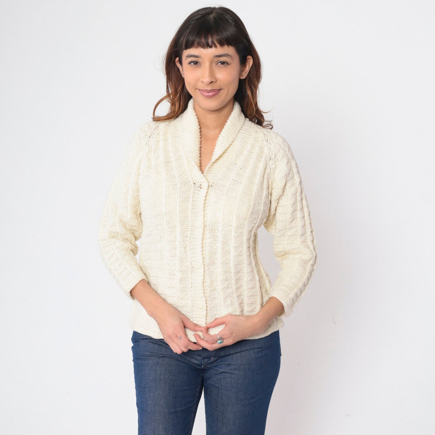 70s Cream Cardigan Shawl Collar Button-Up Knit Sweater Raglan Small S