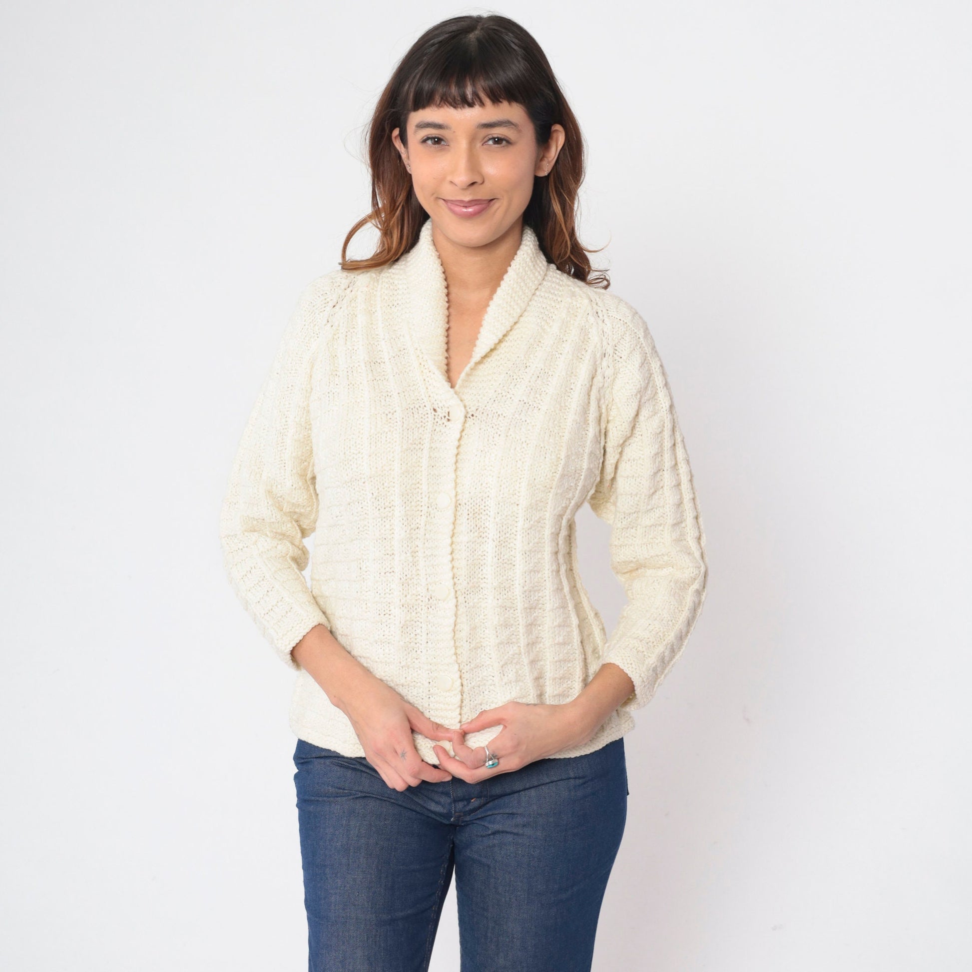 70s Cream Cardigan Shawl Collar Button-Up Knit Sweater Raglan Small S