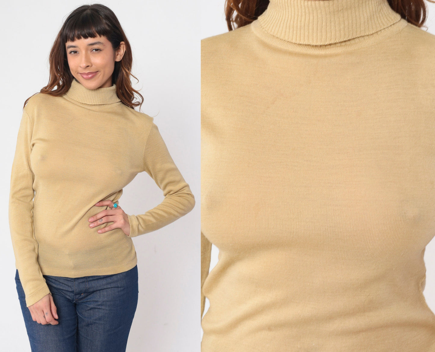 70s Jantzen Wool Blend Turtleneck Sweater Beige Long Sleeve Medium