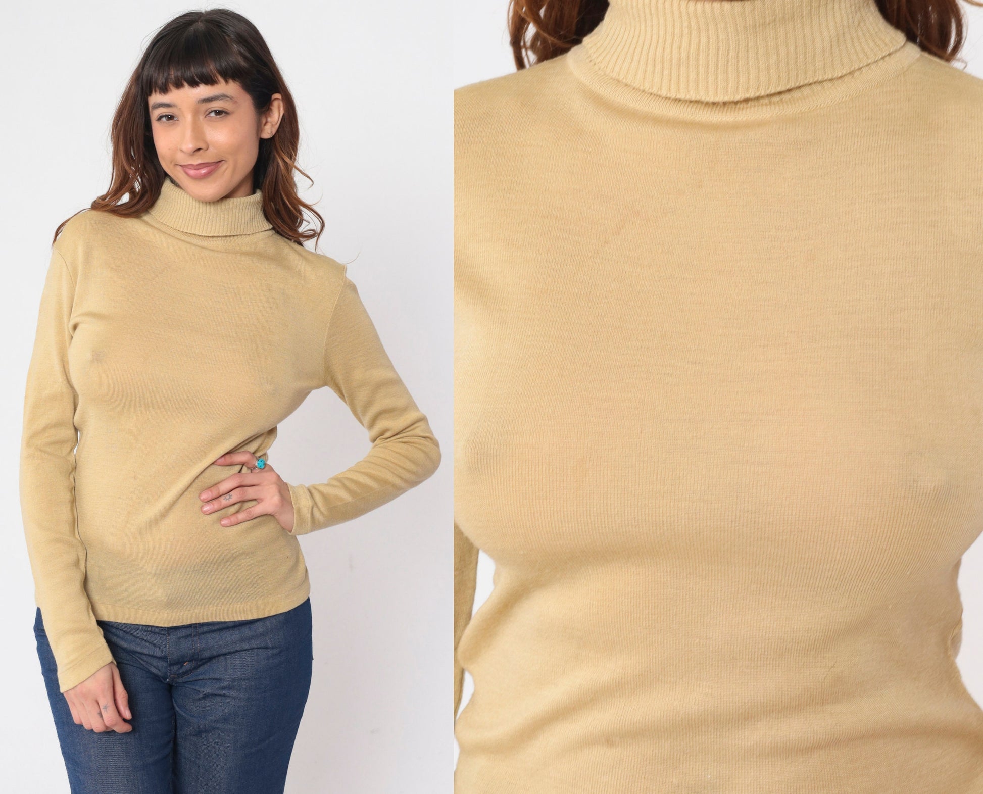 70s Jantzen Wool Blend Turtleneck Sweater Beige Long Sleeve Medium