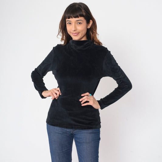 90s Black Velvet Turtleneck Blouse Long Sleeve Small S