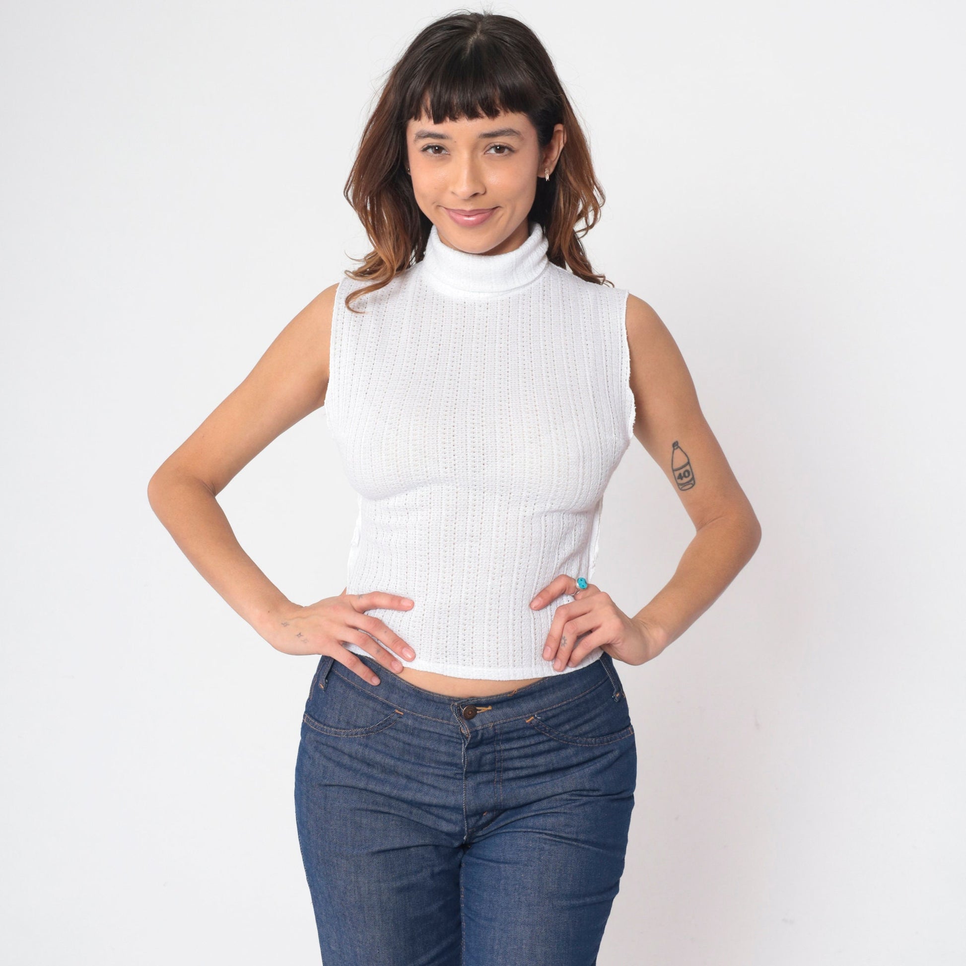 70s White Mock Neck Crop Tank Top Pointelle Cutout Sleeveless Small