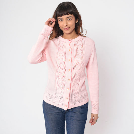 70s Baby Pink Pointelle Cardigan Button-Up Knit Sweater Small S