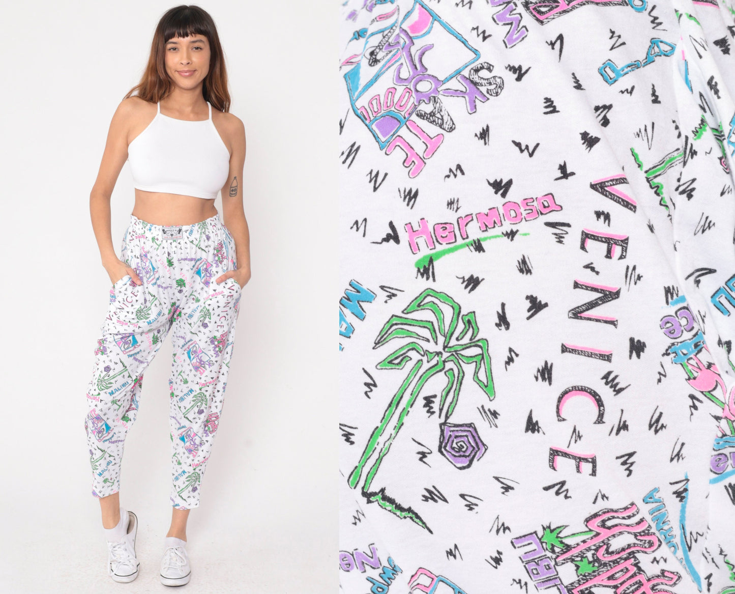 90s Gravity Los Angeles Beach Parachute Pants White Palm Tree Flamingo Small