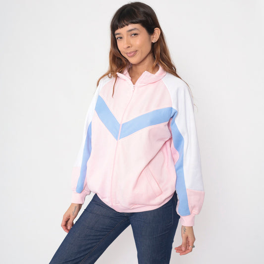 90s Baby Pink Track Jacket Periwinkle Chevron Stripe Zip Raglan Large L