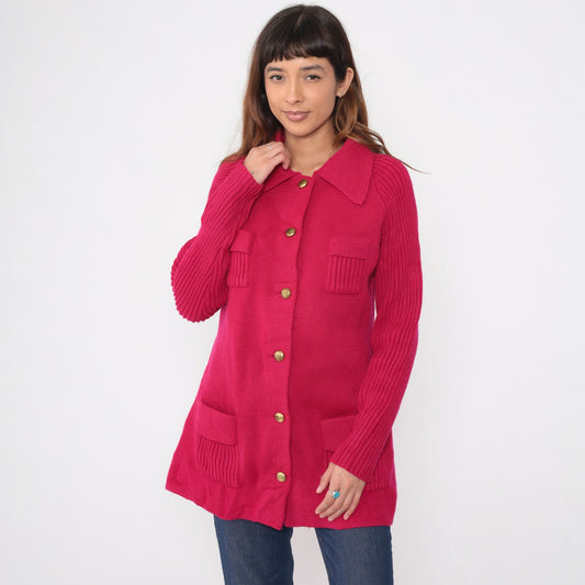 70s Fuchsia Cardigan Sweater Raglan Sleeve Ribbed Knit Gold Buttons Large L