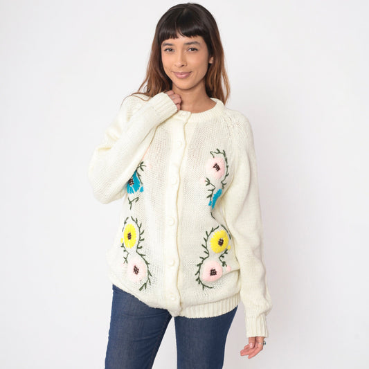 70s Floral Embroidered Cardigan Sweater Off-White Raglan Knit Large