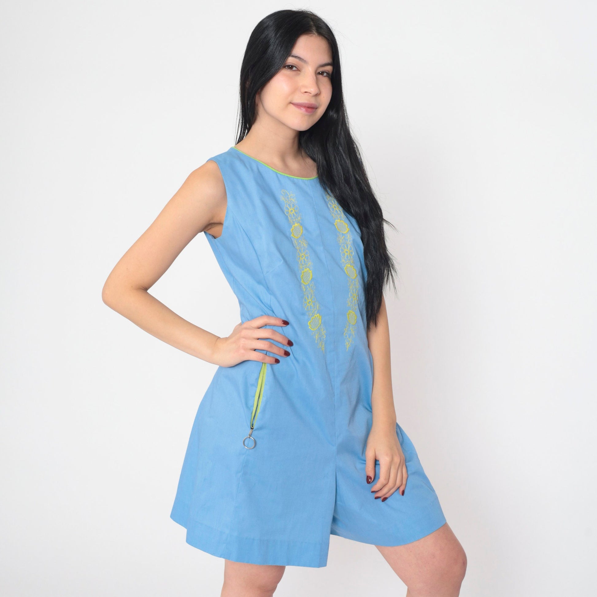60s Mod Floral Embroidered Romper Blue Sleeveless Mini Cotton Small S