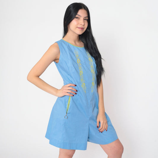 60s Mod Floral Embroidered Romper Blue Sleeveless Mini Cotton Small S