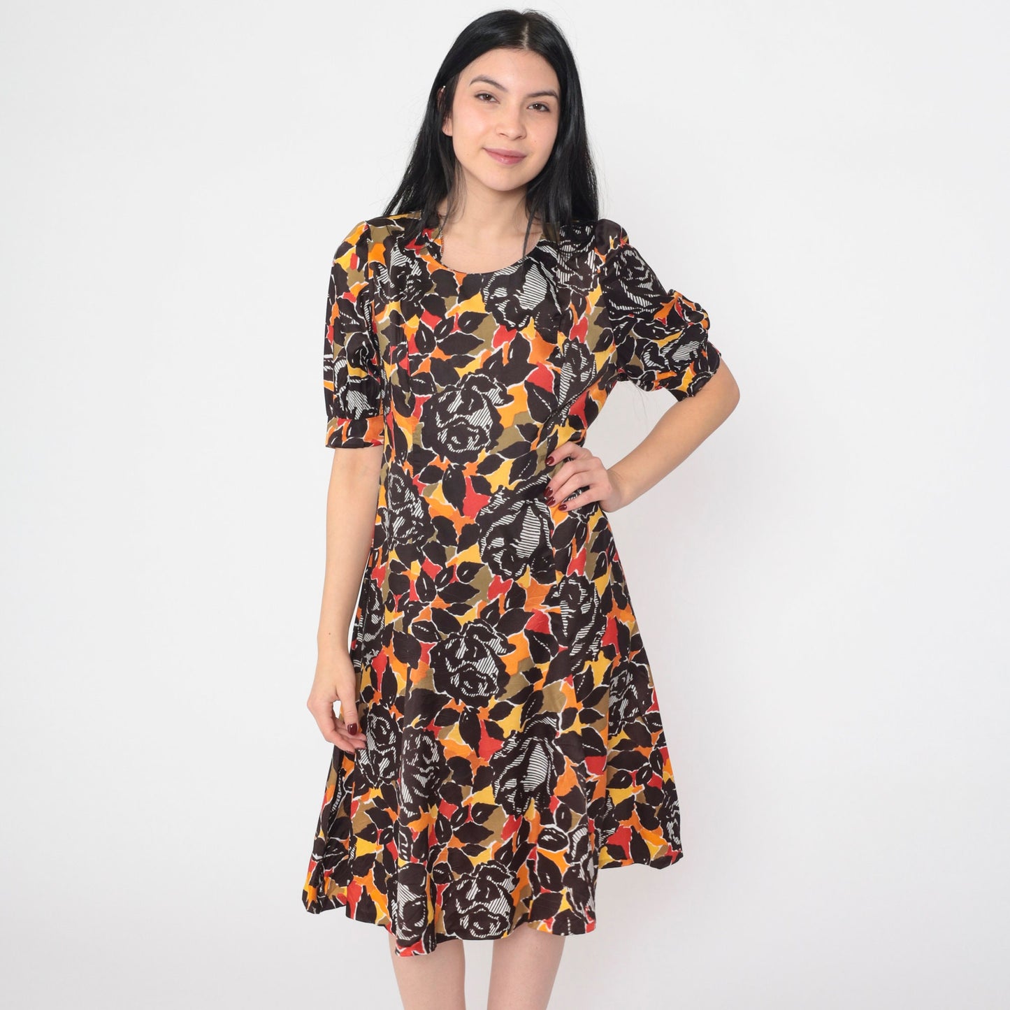 70s Rose Floral Print Mini Dress Puff Sleeve Shift Small