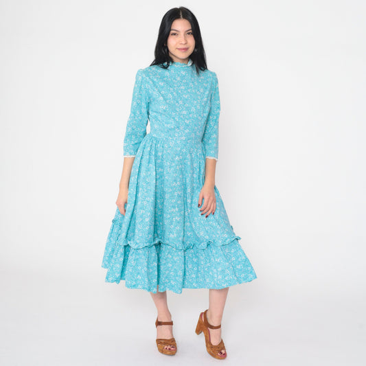 70s Blue Calico Floral Midi Dress Tiered 3/4 Sleeve Mock Neck Small