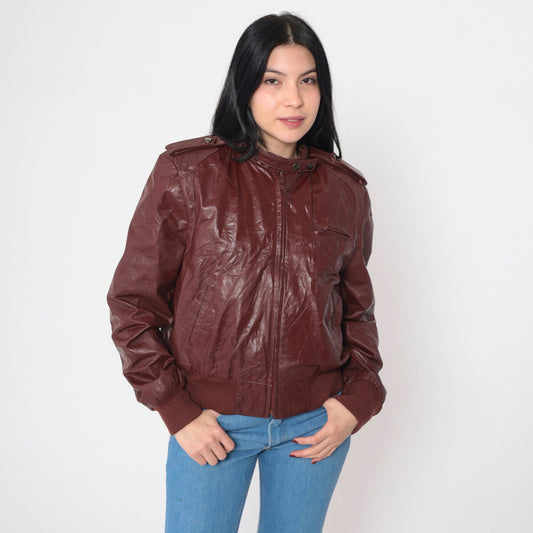 80s Bermans Leather Bomber Jacket Mahogany Brown Zip Moto Small