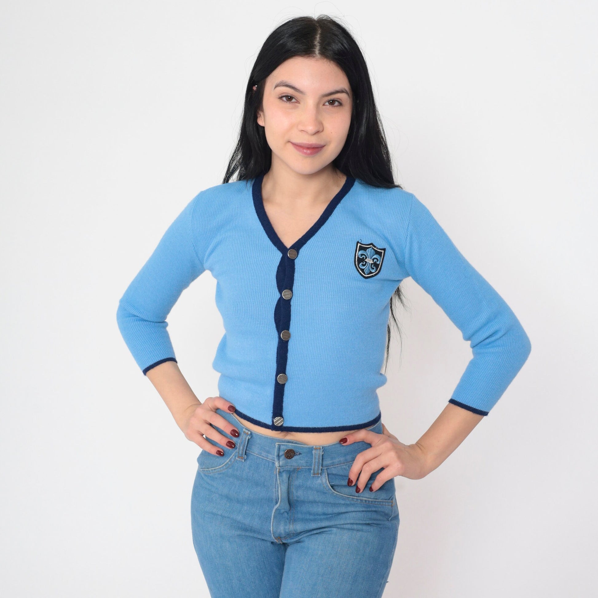 70s Blue Cropped Cardigan Fleur De Lis Patch Ribbed Knit XXS