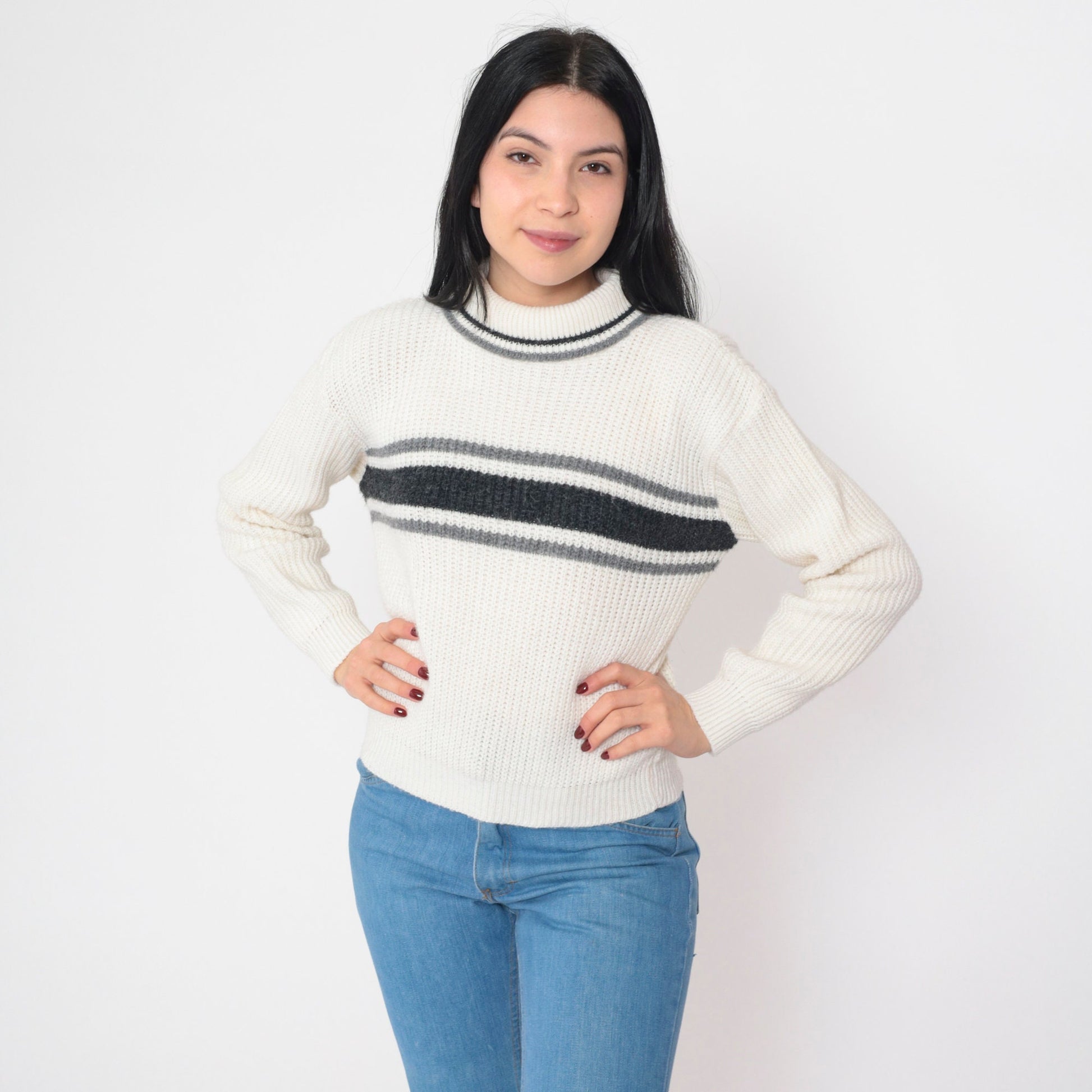 80s White Stag Striped Turtleneck Sweater Black Grey Knit Small
