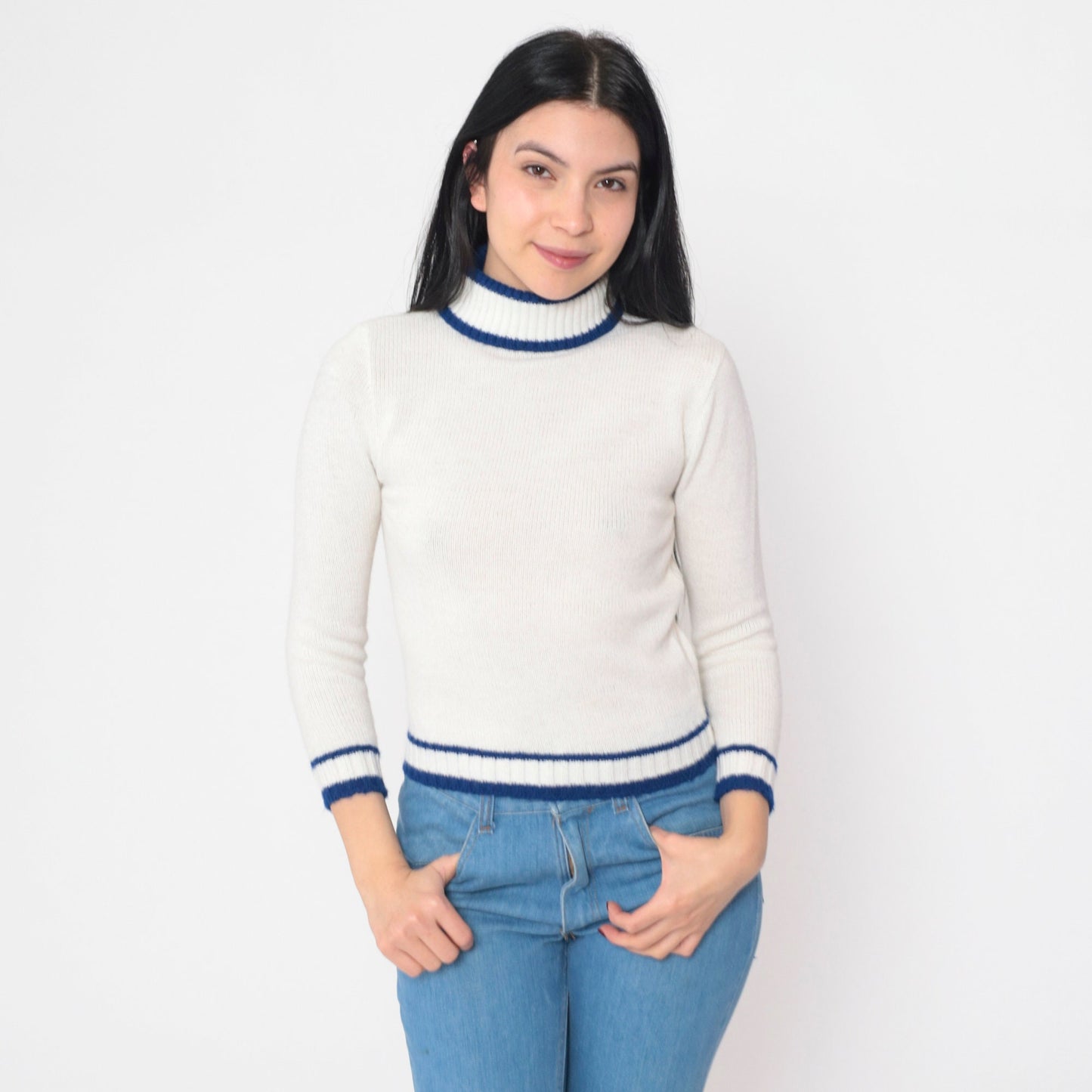 70s White Turtleneck Sweater Blue Striped Ringer Knit Cropped Extra Small