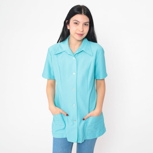70s Blue Dagger Collar Button-Up Shirt Short Sleeve Longline Tunic Medium