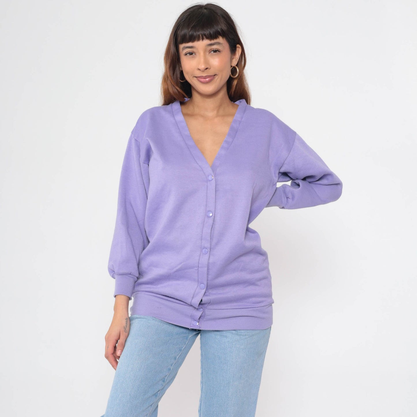 90s Lavender Cardigan Sweatshirt Snap Button V-Neck Slouchy Small