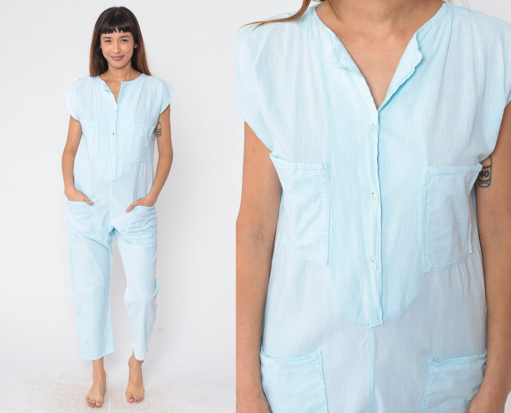 80s Baby Blue Cotton Jumpsuit Cap Sleeve Button Front Ankle Medium