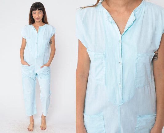80s Baby Blue Cotton Jumpsuit Cap Sleeve Button Front Ankle Medium