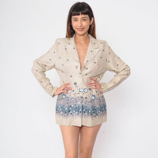 90s Floral Blazer Beige Cotton Blue Flower Print Structured Jacket Medium