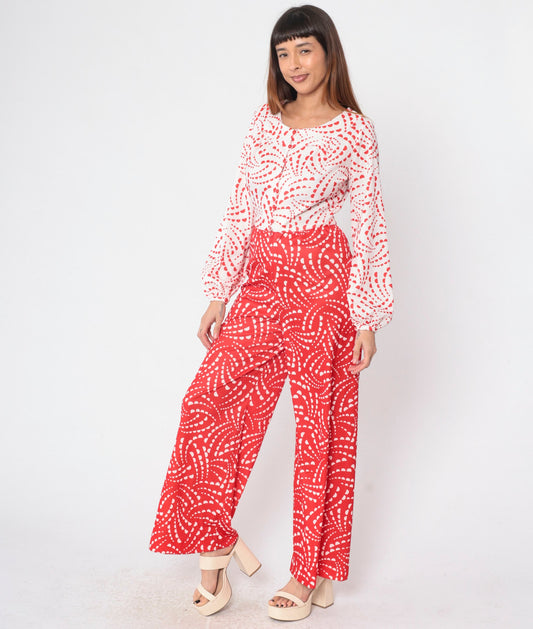 70s Toni Todd Jumpsuit Red White Geometric Wide Leg Button Up Small Medium