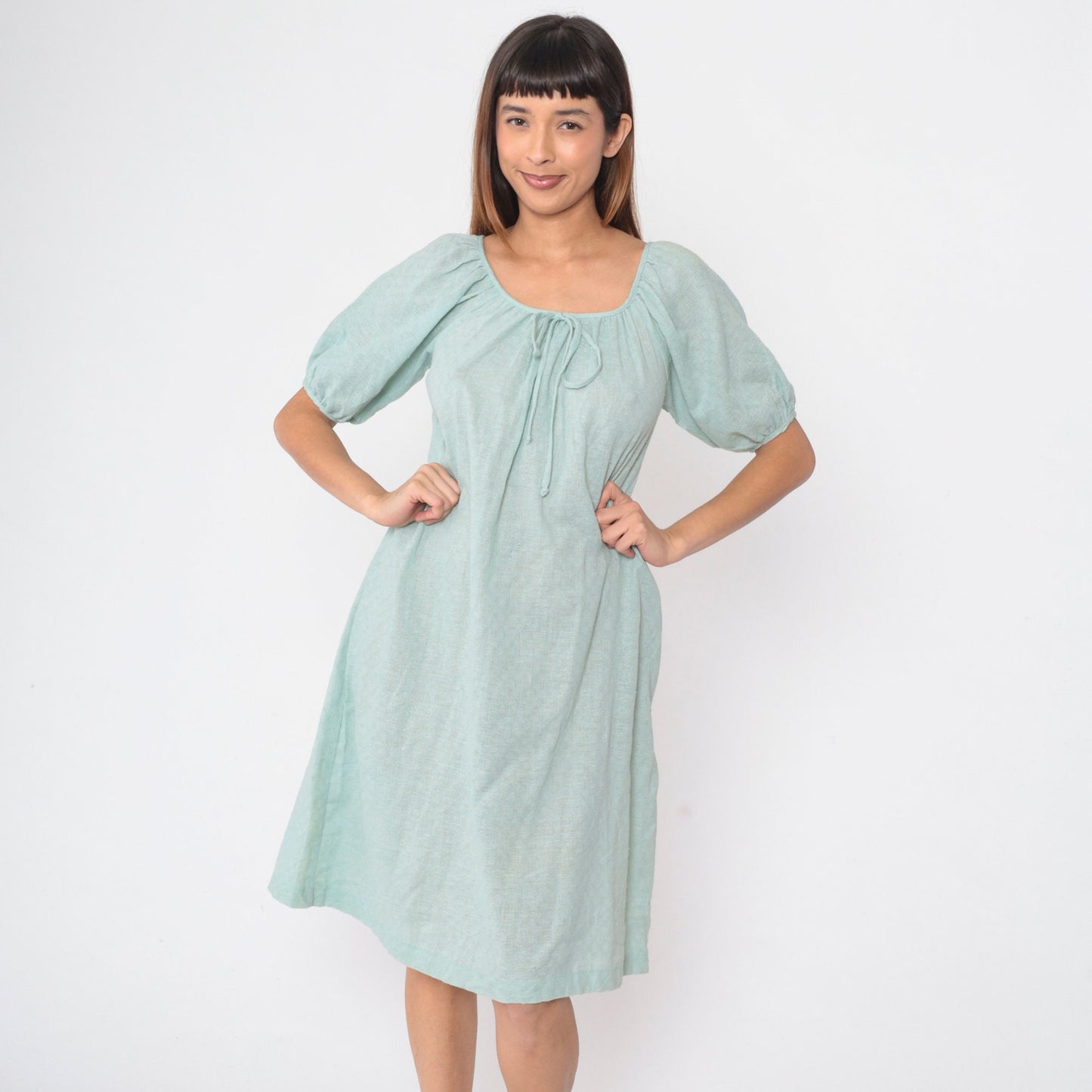 70s JC Penney Seafoam Shift Dress Bow Neck Midi Cotton Small