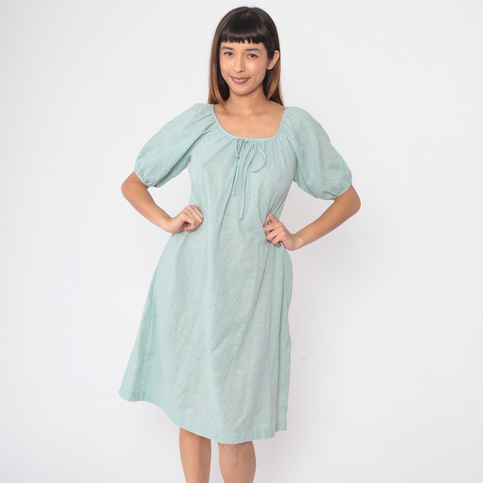 70s JC Penney Seafoam Shift Dress Bow Neck Midi Cotton Small