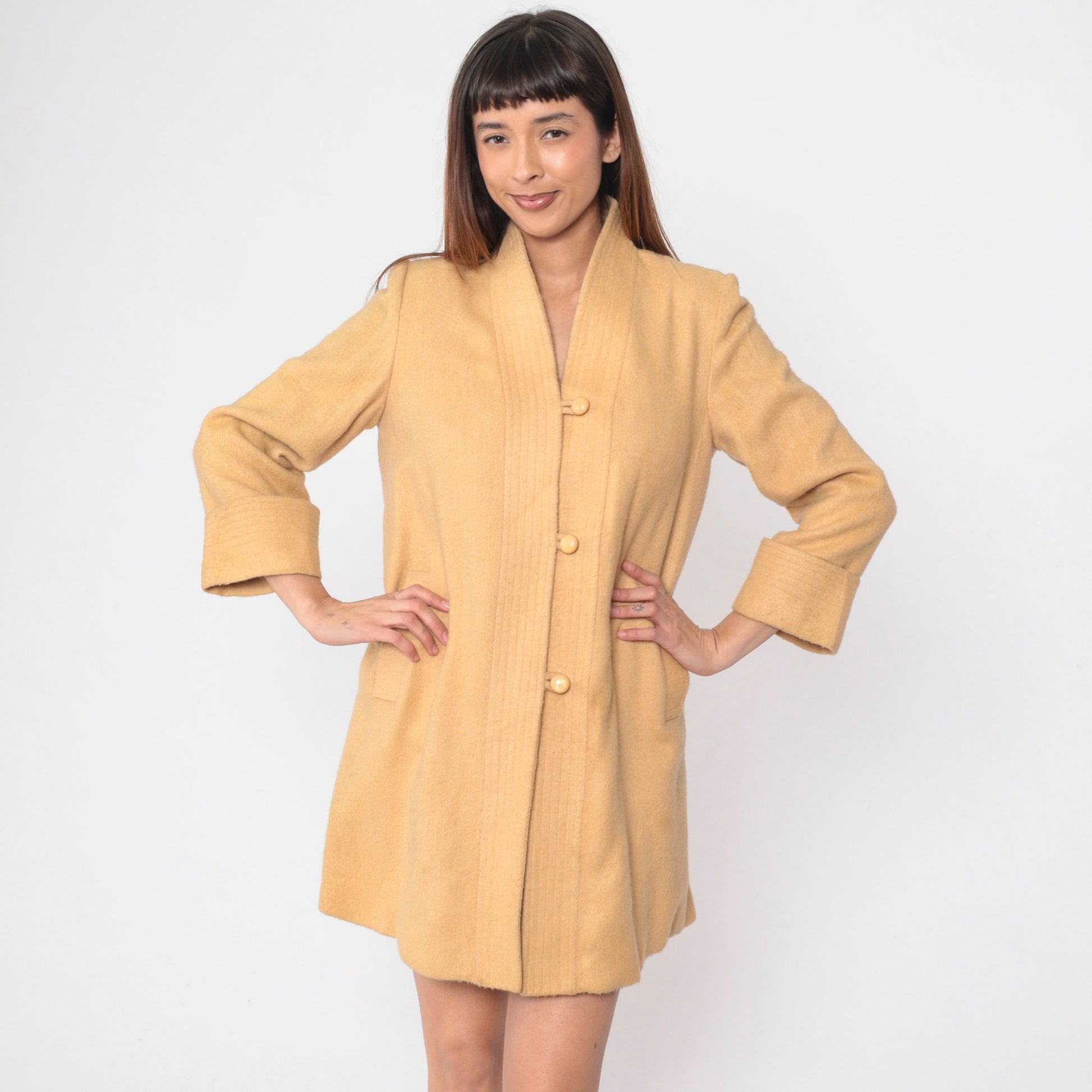 80s Mustard Wool Blend Jacket V-Neck Loop Button Set-In Sleeve Small