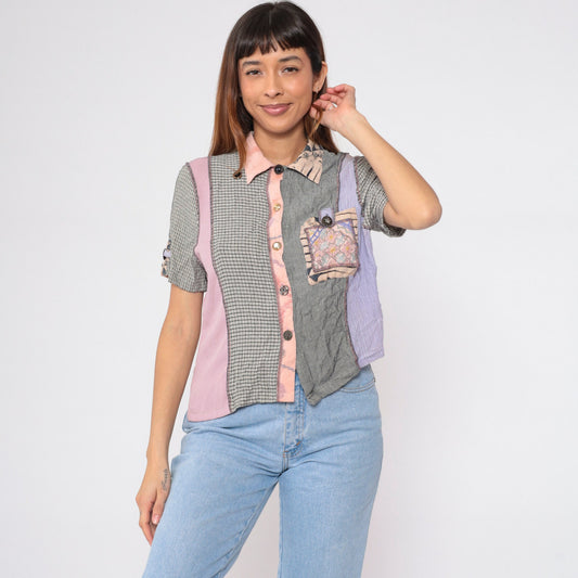 90s Mixed Print Button-Up Blouse Beaded Floral Embroidered Patchwork Small S