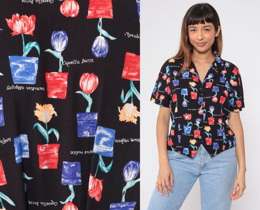 90s Floral Botanical Button-Up Blouse Flowerpot Tulip Print Shirt Large L