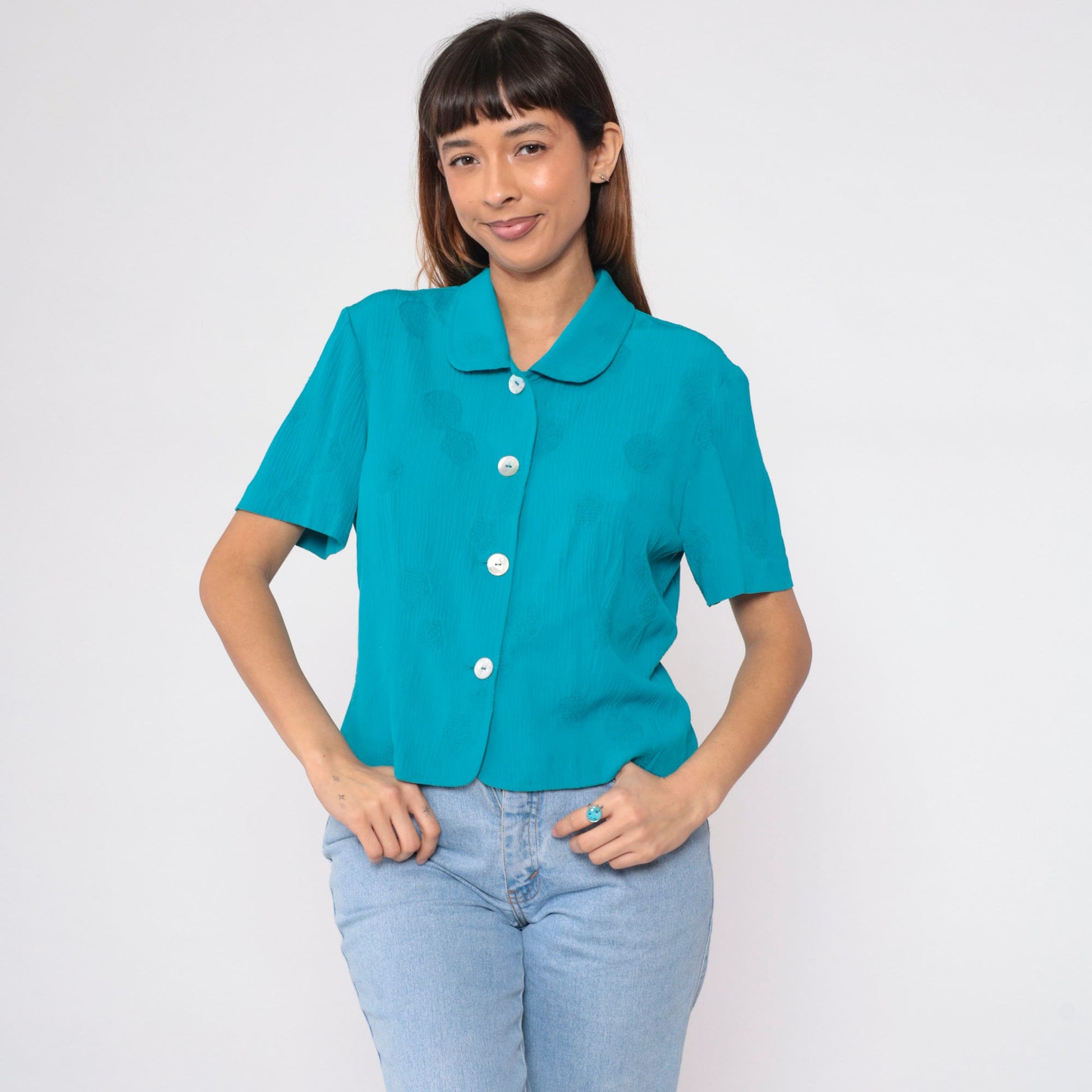 90s Bright Blue Mandala Print Button-Up Blouse Peter Pan Collar Short Sleeve Large