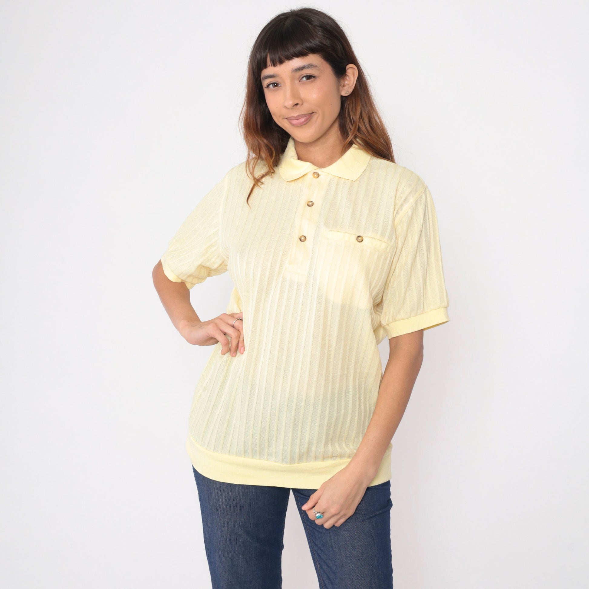 80s Light Yellow Polo Shirt Chest Pocket Banded Hem Men's Medium